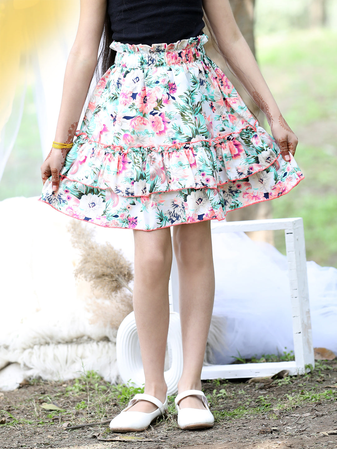 Cutiekins Floral Print Flared Skirts-Off White & Pink