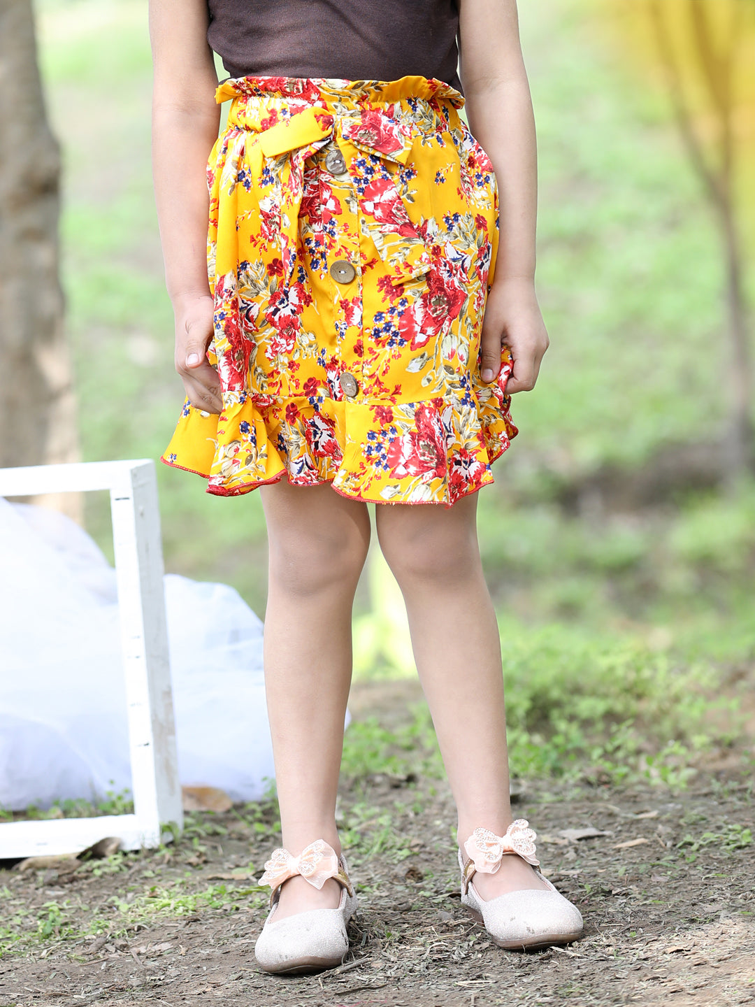 Cutiekins Floral Print Flared Skirts-Mustard & Red