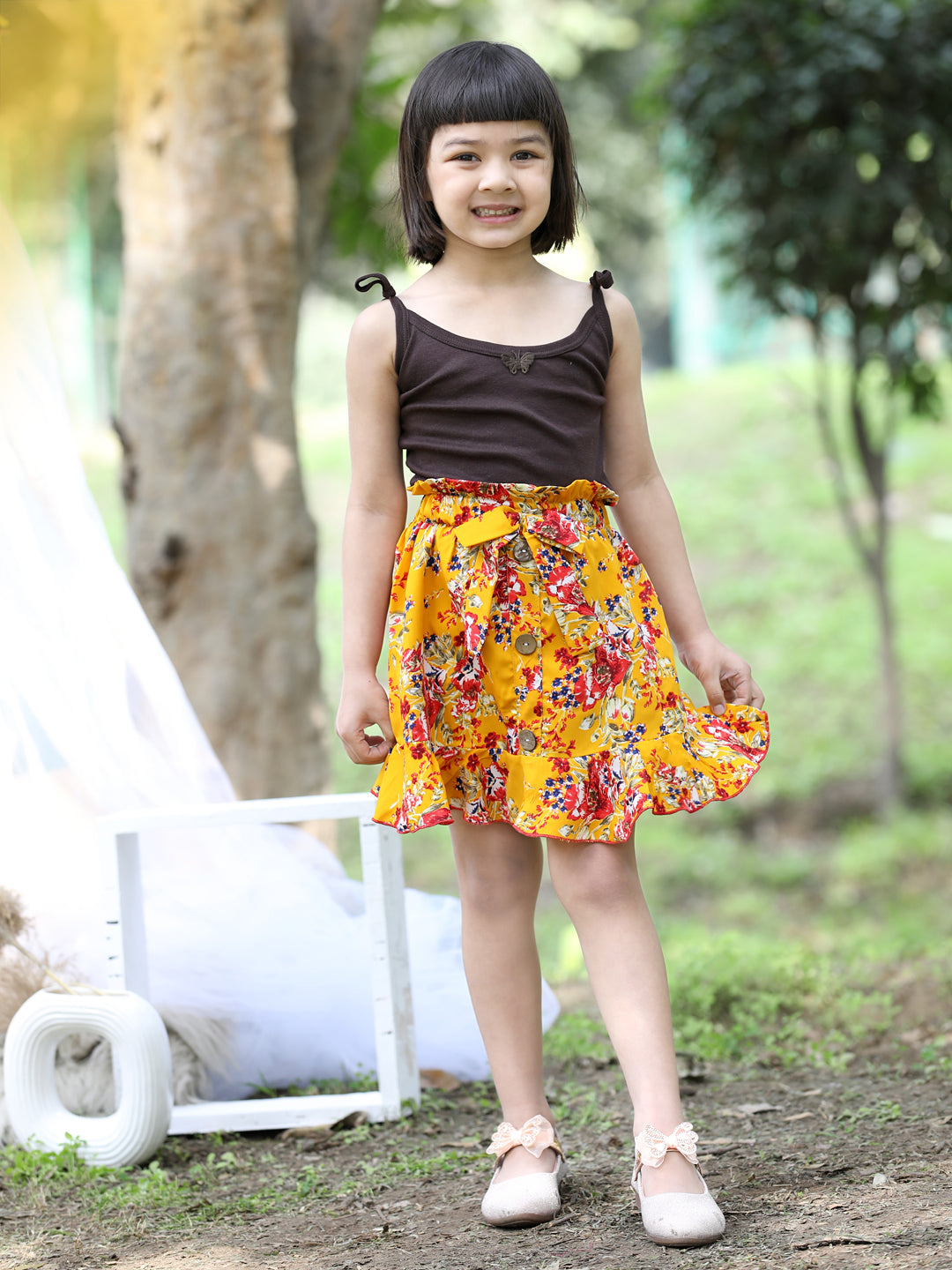 Cutiekins Floral Print Flared Skirts-Mustard & Red