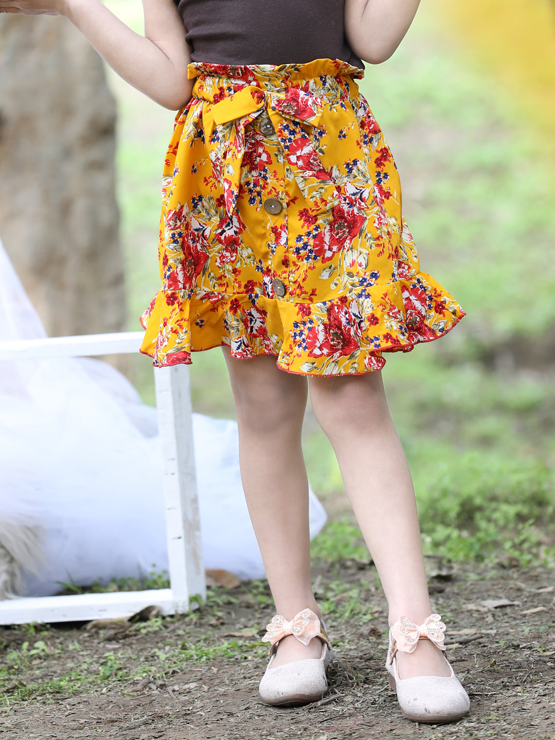 Cutiekins Floral Print Flared Skirts-Mustard & Red