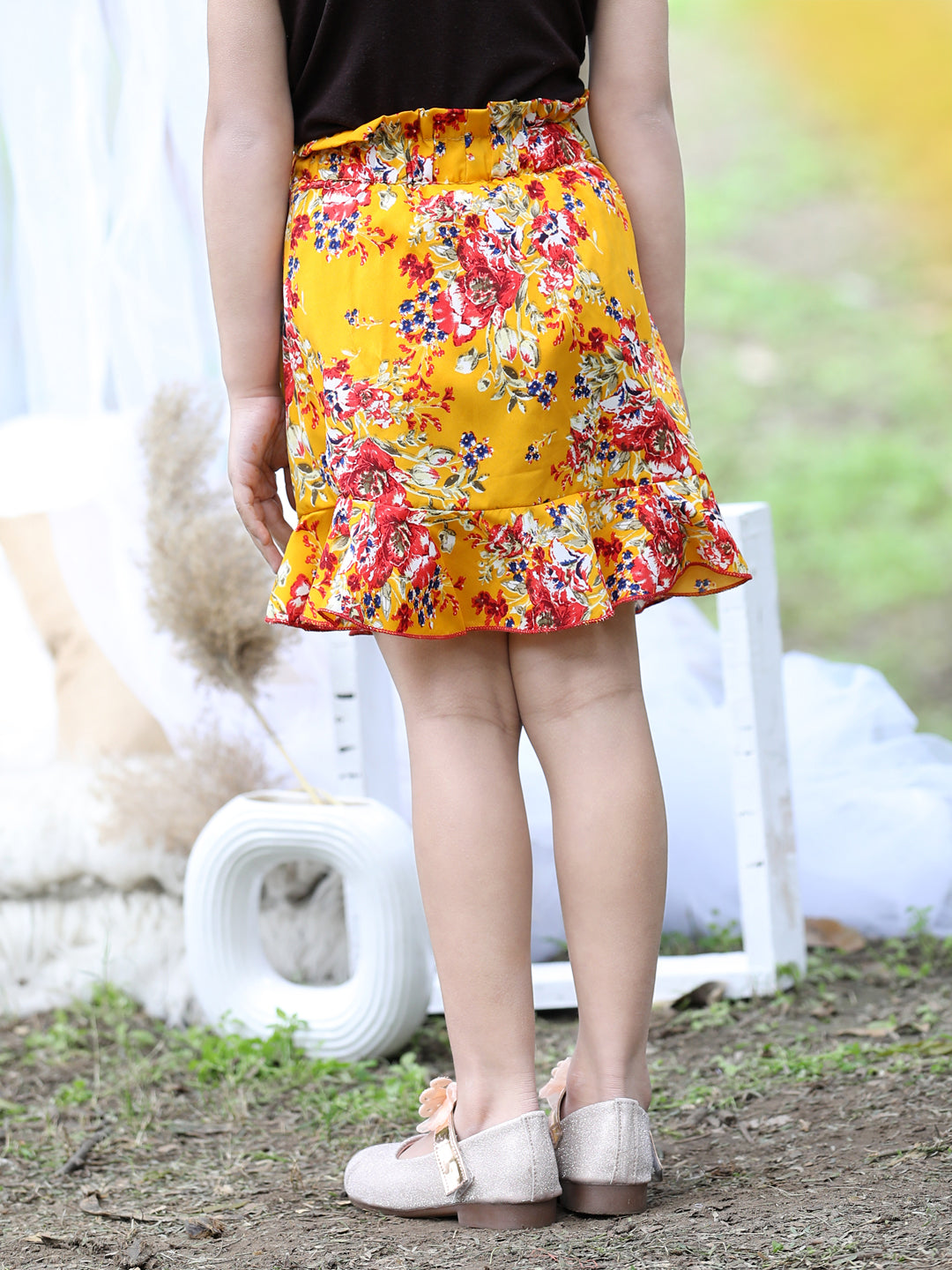 Cutiekins Floral Print Flared Skirts-Mustard & Red