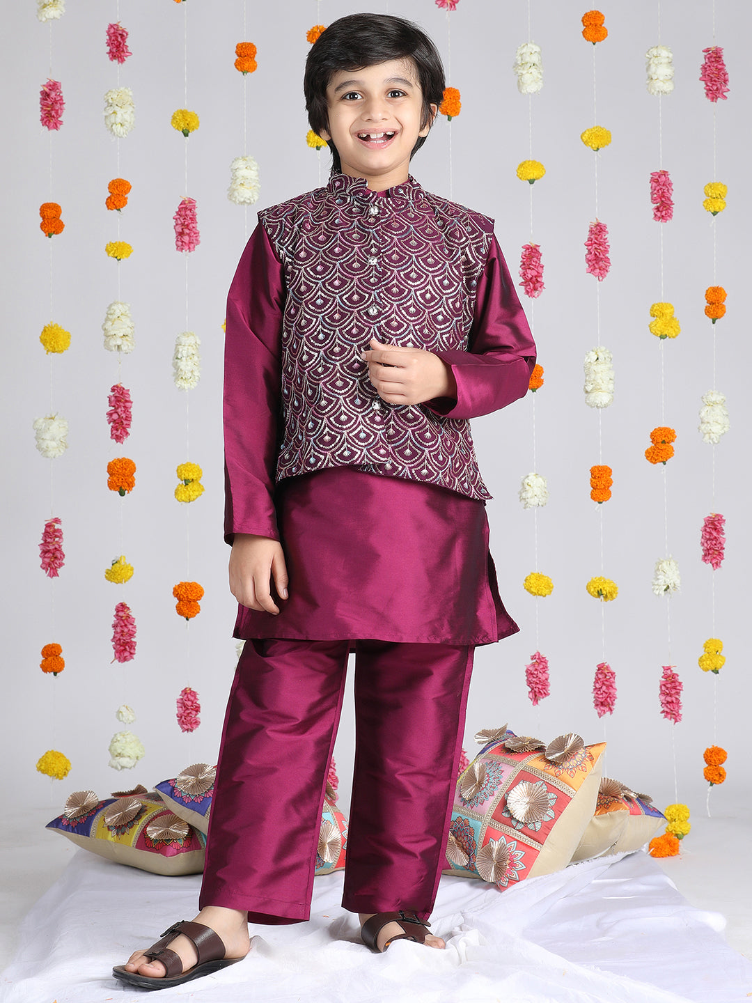 Cutiekins Boys Solid Kurta & Pyjamas with Embroidered Jacket -Wine & Silver