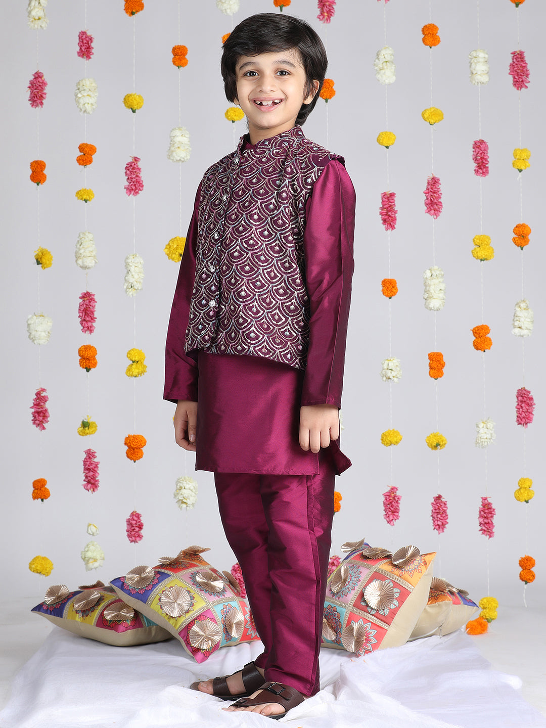 Cutiekins Boys Solid Kurta & Pyjamas with Embroidered Jacket -Wine & Silver