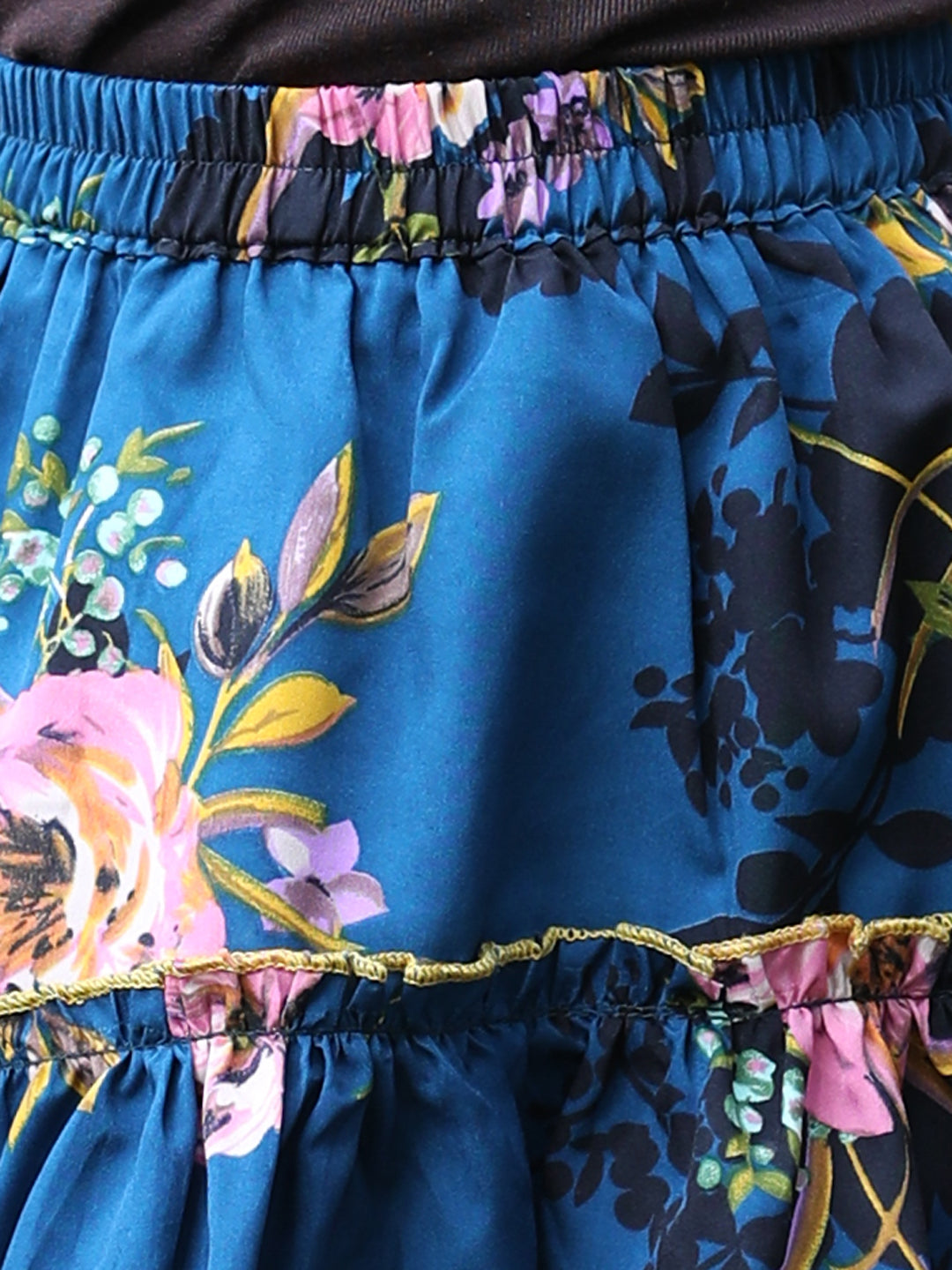 Cutiekins Floral Print Flared Skirts-Teal Blue & Yellow