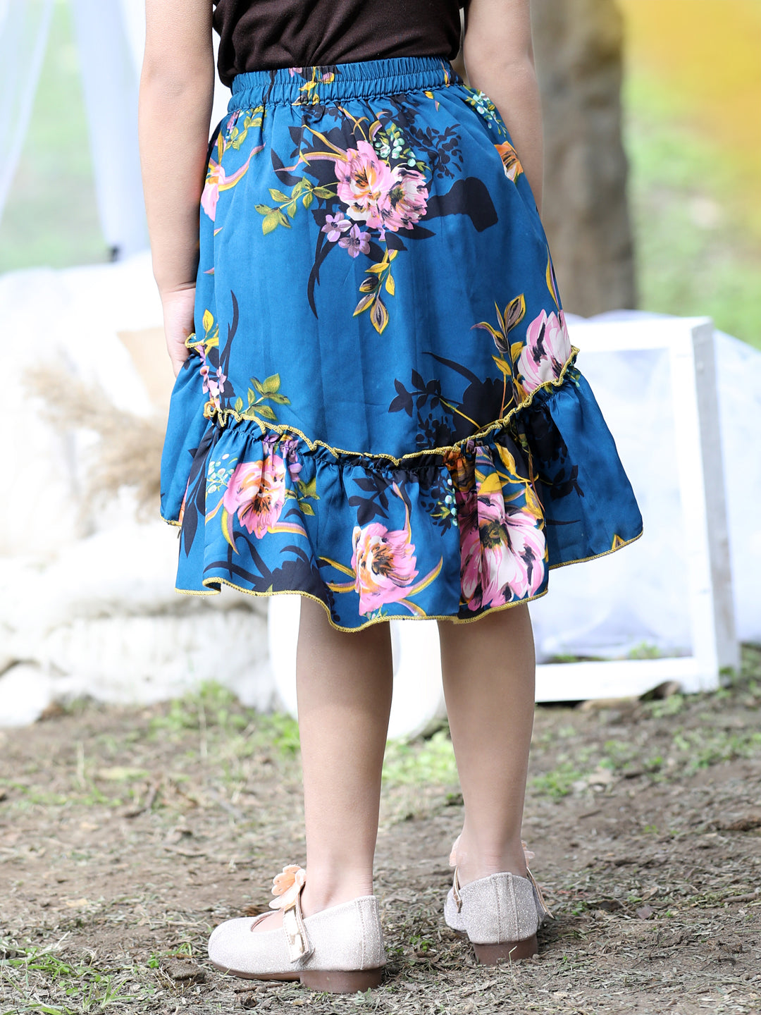 Cutiekins Floral Print Flared Skirts-Teal Blue & Yellow