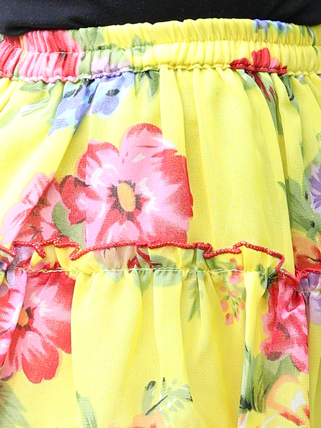 Cutiekins Floral Print Flared Skirts-Lemon Yellow & Pink