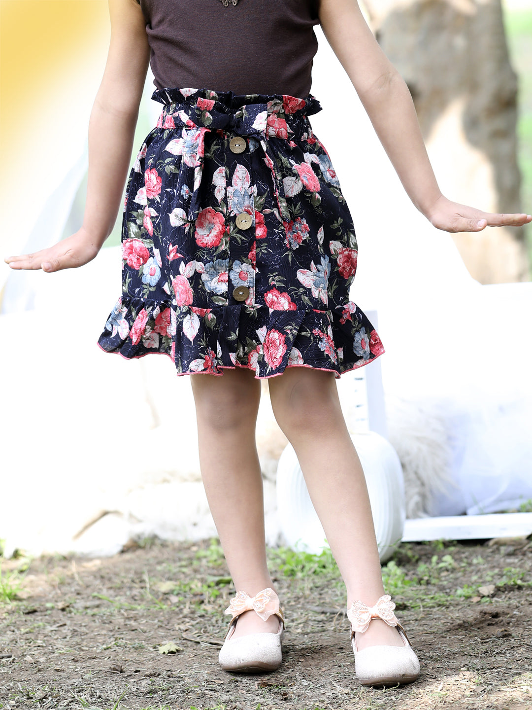 Cutiekins Floral Print Flared Skirts-Navy Blue & Pink