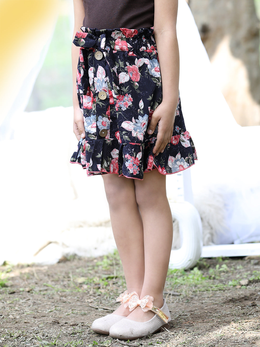 Cutiekins Floral Print Flared Skirts-Navy Blue & Pink