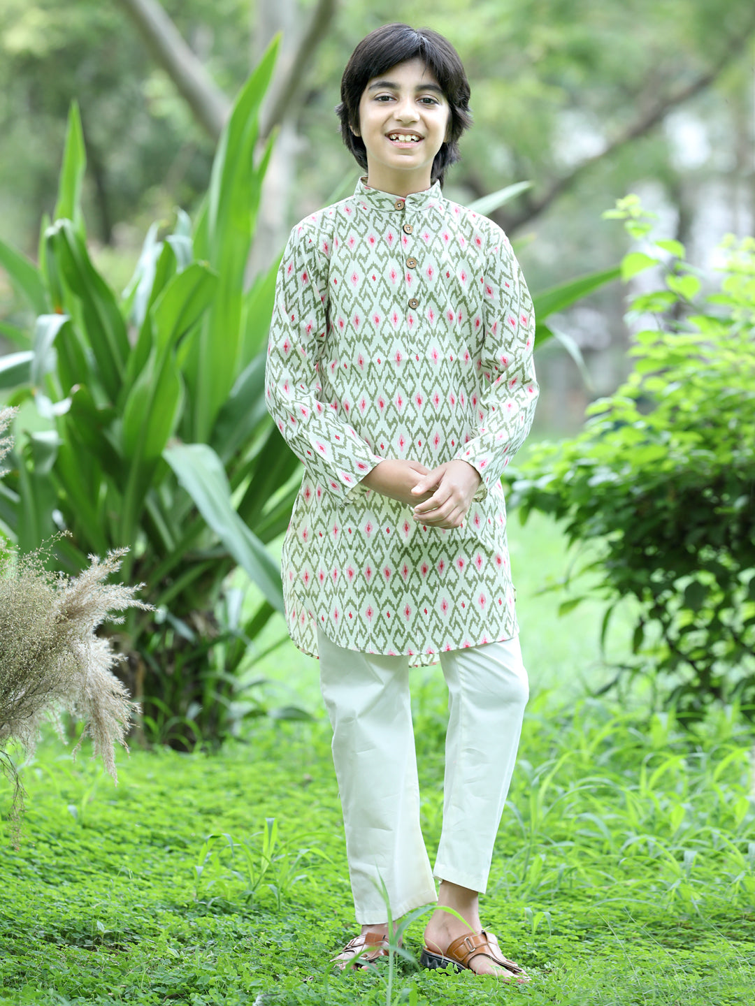 Cutiekins Printed Kurta and Pajama Set-Green & Off White