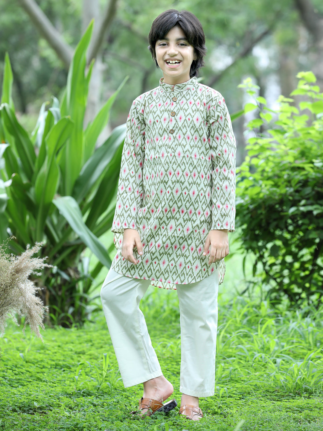 Cutiekins Printed Kurta and Pajama Set-Green & Off White