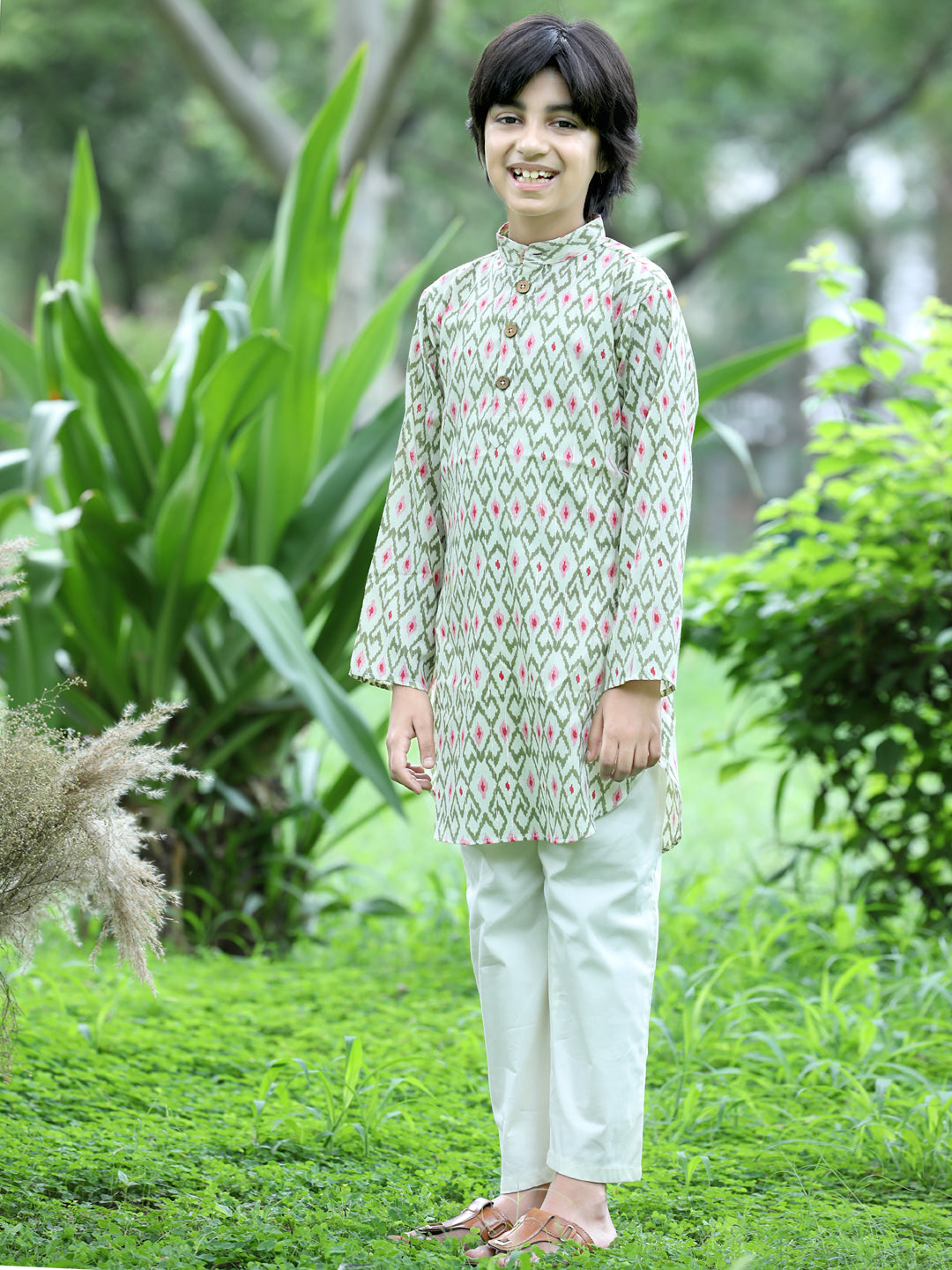 Cutiekins Printed Kurta and Pajama Set-Green & Off White