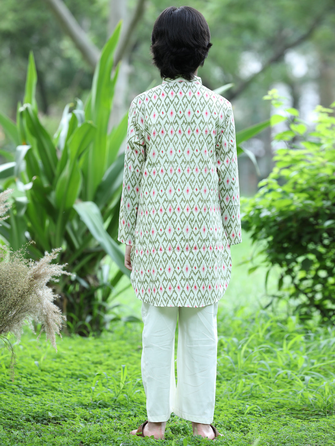 Cutiekins Printed Kurta and Pajama Set-Green & Off White