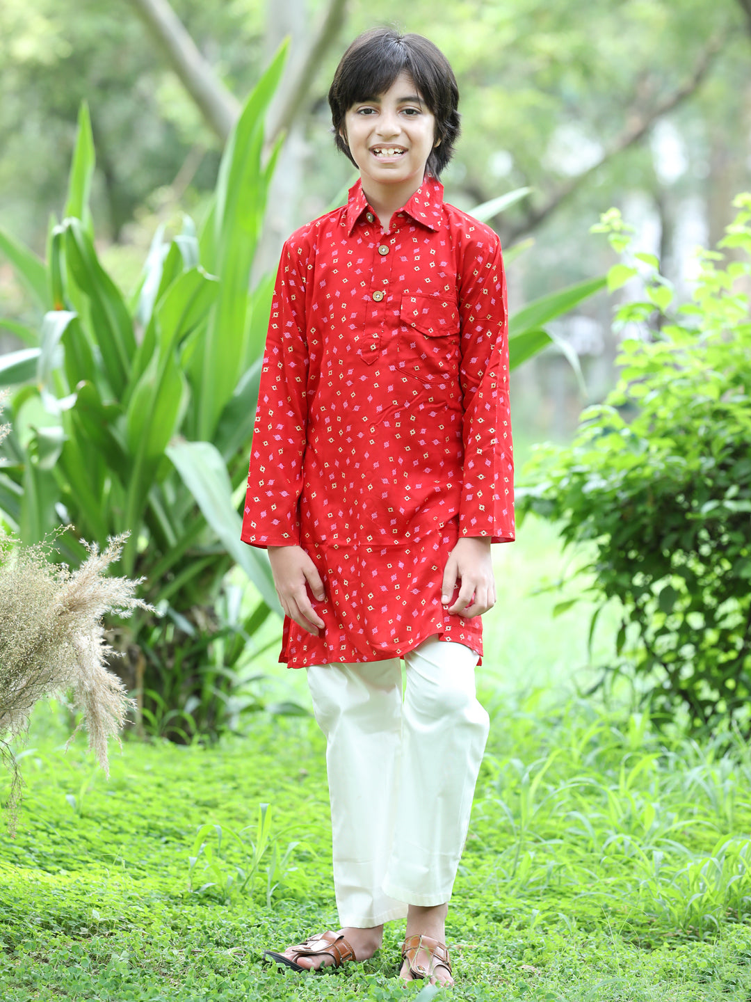 Cutiekins Printed Kurta and Pajama Set-Red & Off White