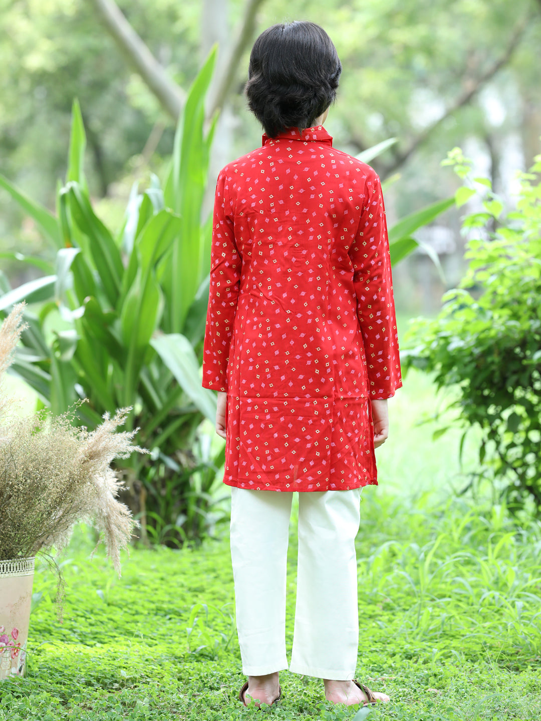 Cutiekins Printed Kurta and Pajama Set-Red & Off White