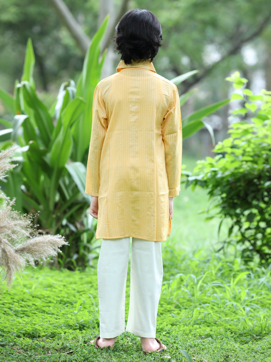 Cutiekins Self Design Kurta and Pajama Set-Mustard & Off White