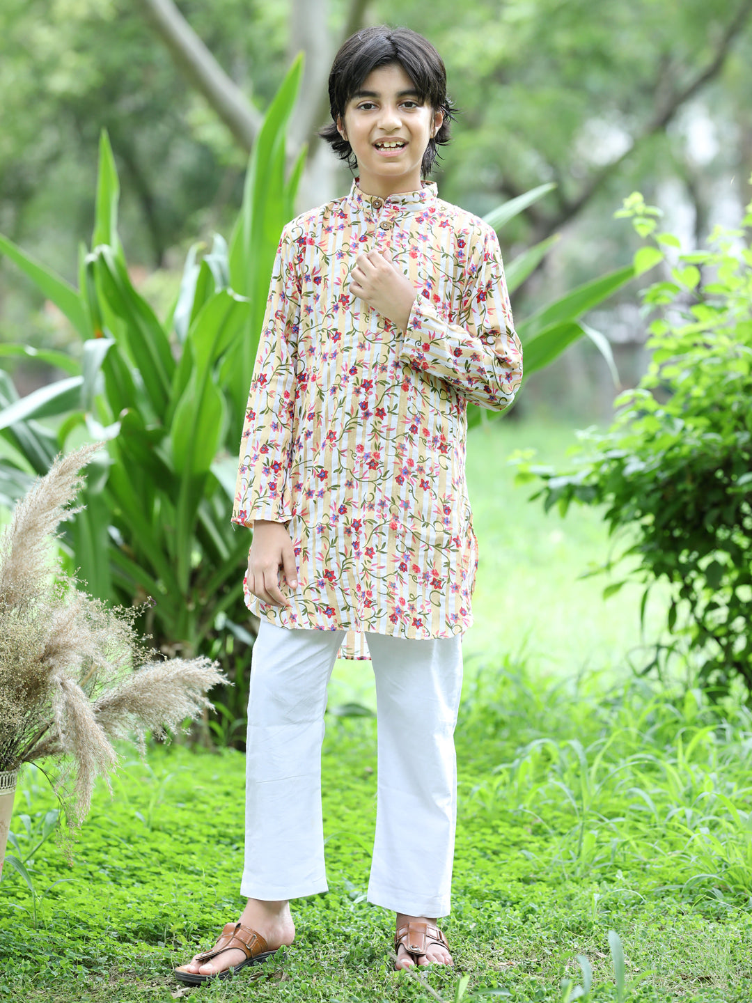 Cutiekins Printed Kurta and Pajama Set-Cream & Off White