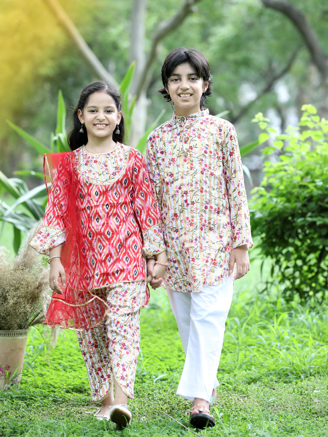 Cutiekins Ethnic Motif Printed Kurta,Pencil Pant & Dupatta Set- Red & Cream