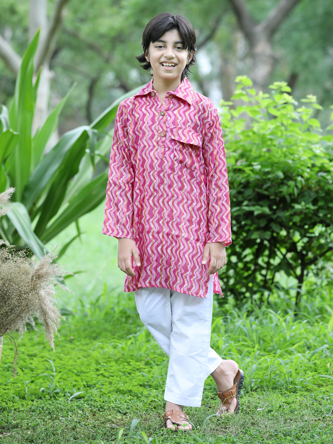 Cutiekins Printed Kurta and Pajama Set-Pink & Off White