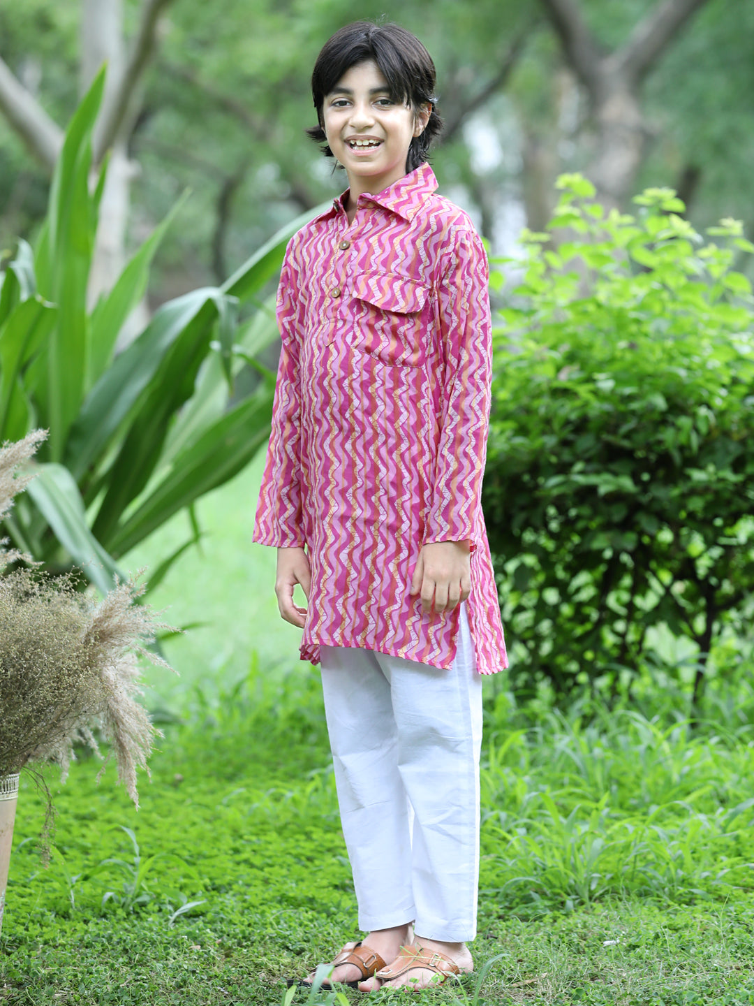 Cutiekins Printed Kurta and Pajama Set-Pink & Off White