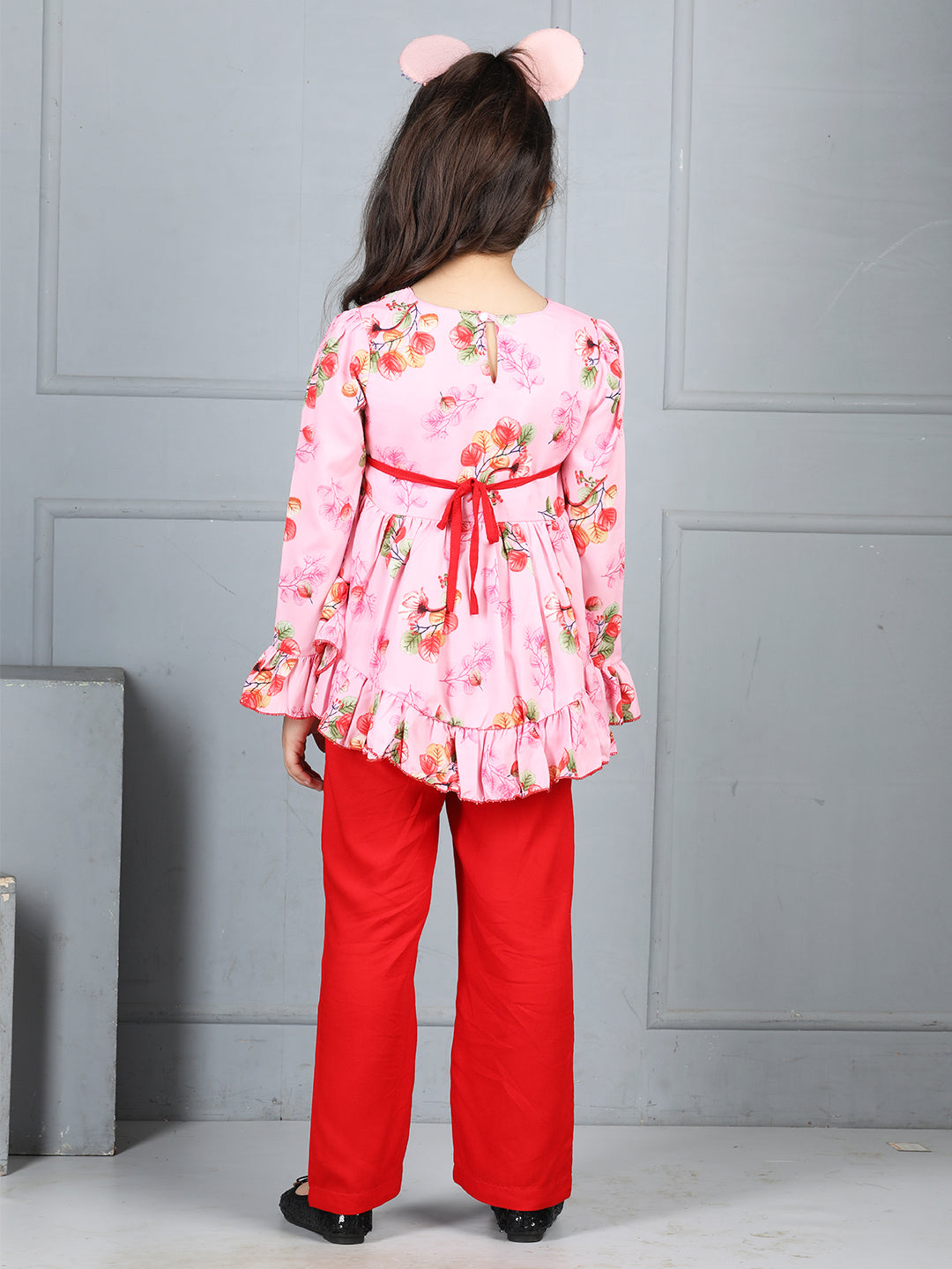 Cutiekins Girls Floral Printed Top With Solid Trouser -Pink & Red