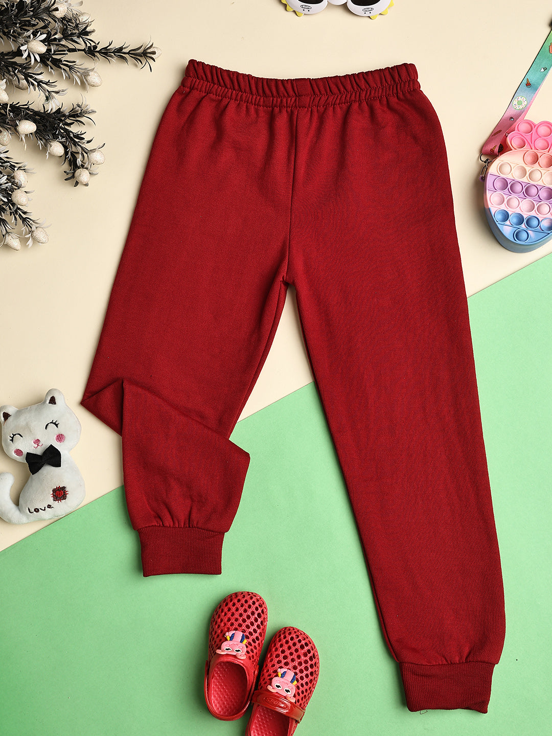 Cutiekins Girls Solid Cozy Fleece Trackpant -Maroon