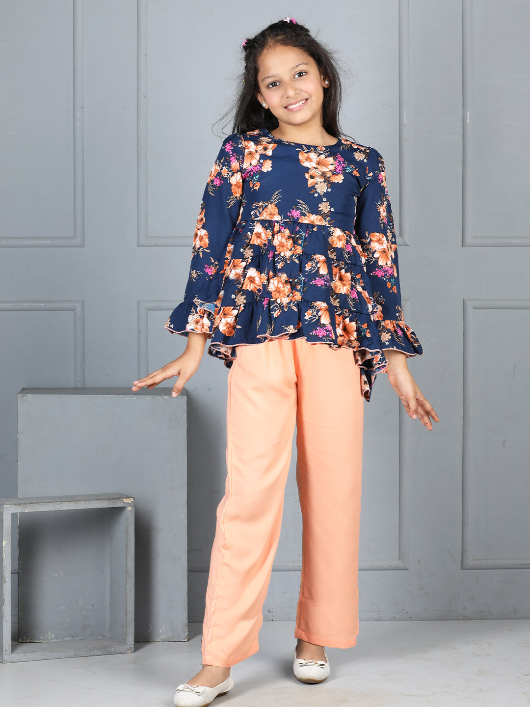 Cutiekins Girls Floral Printed Top With Solid Trouser -Navy blue & Peach