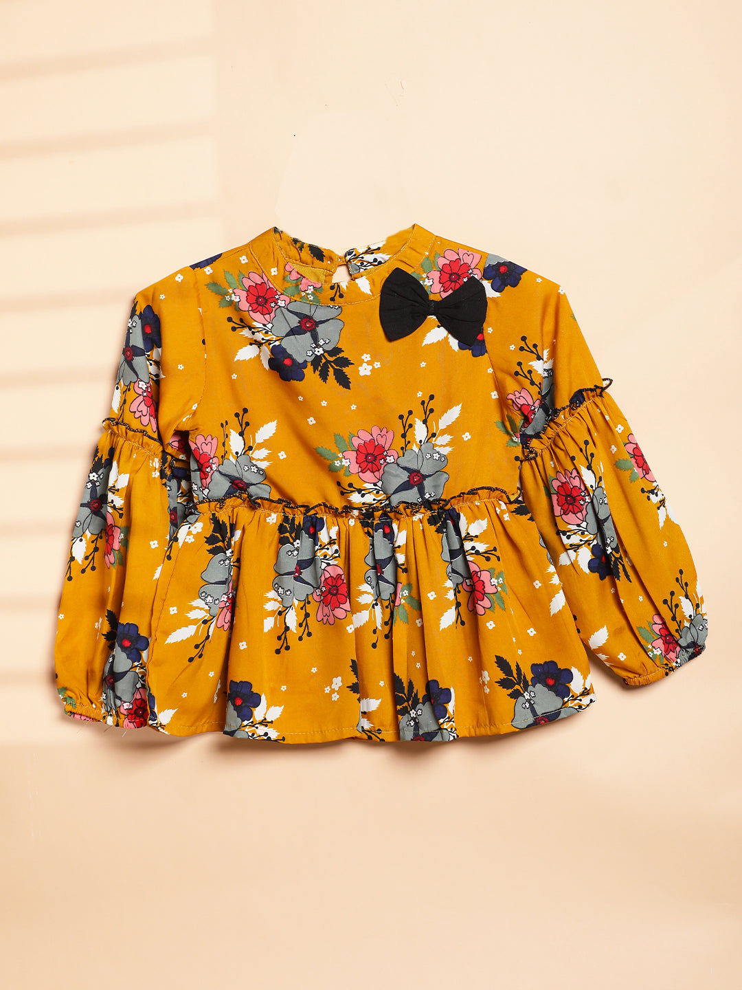 Cutiekins Girls Adorable Floral Print Casual Top -Mustard & Black