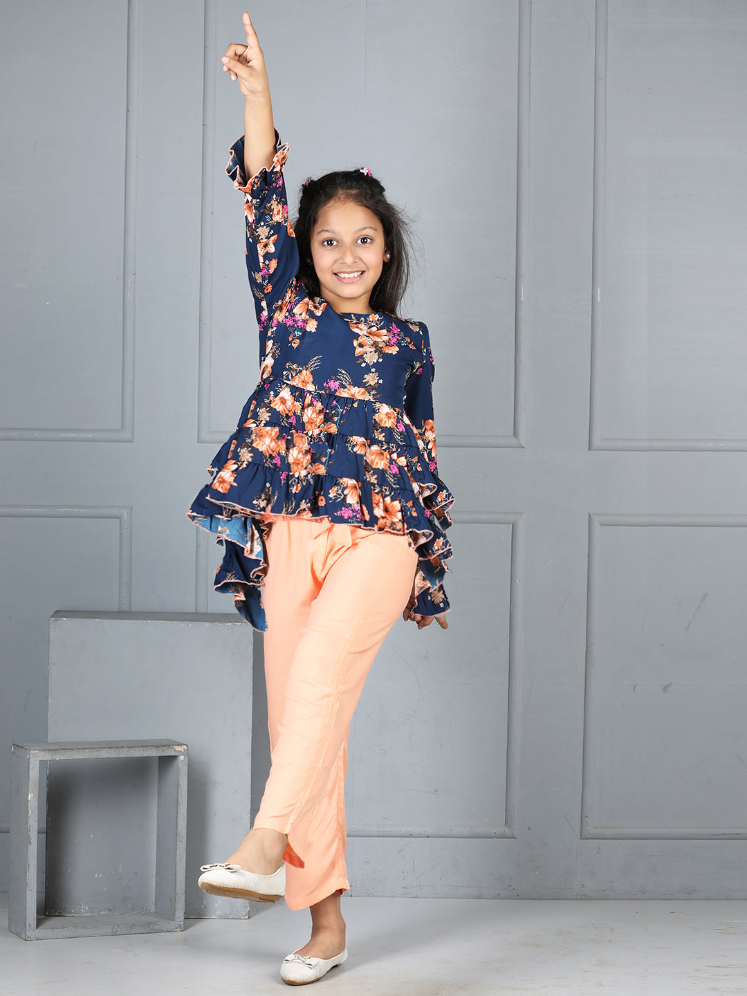 Cutiekins Girls Floral Printed Top With Solid Trouser -Navy blue & Peach