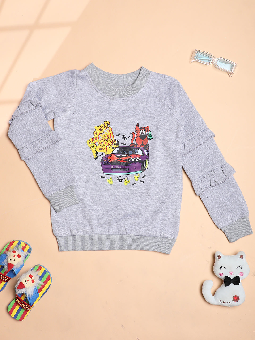 Cutiekins Girls Scooby Doo Graphic Printed Trendy Winter Sweatshirt -Grey & Yellow