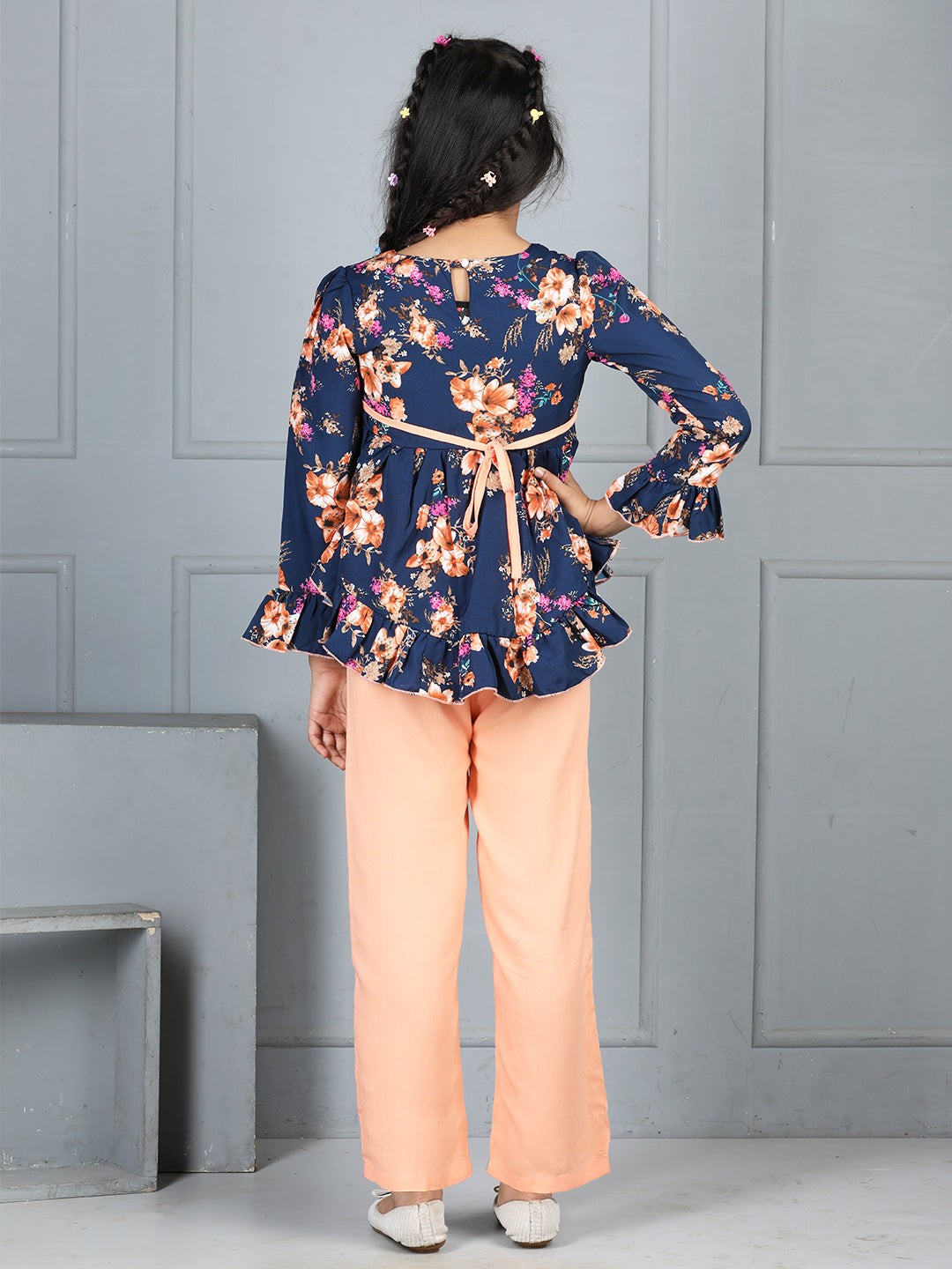 Cutiekins Girls Floral Printed Top With Solid Trouser -Navy blue & Peach