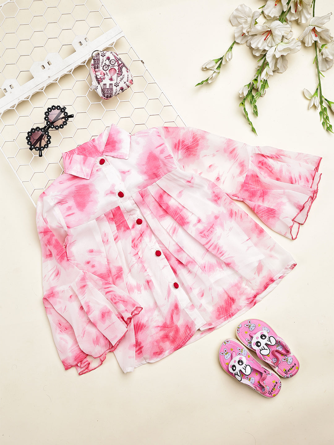 Cutiekins Girls Shirt Style Trendy Tie and Dye Print Top -Off White & Pink