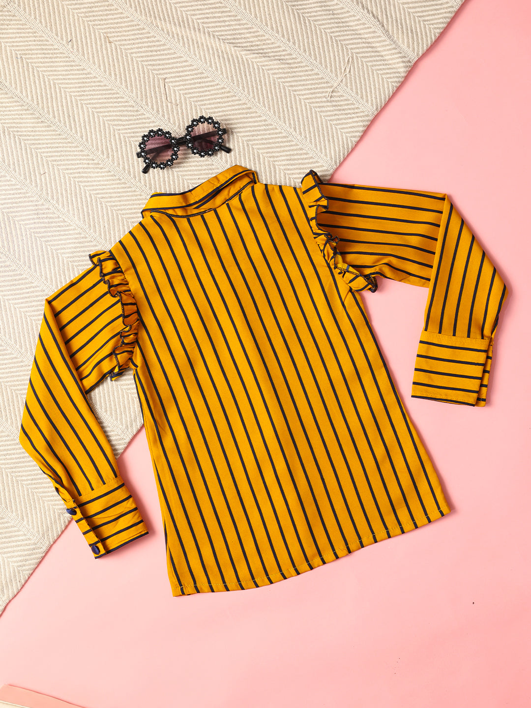 Cutiekins Girls Shirt Style Striped Top -Mustard & Navy Blue