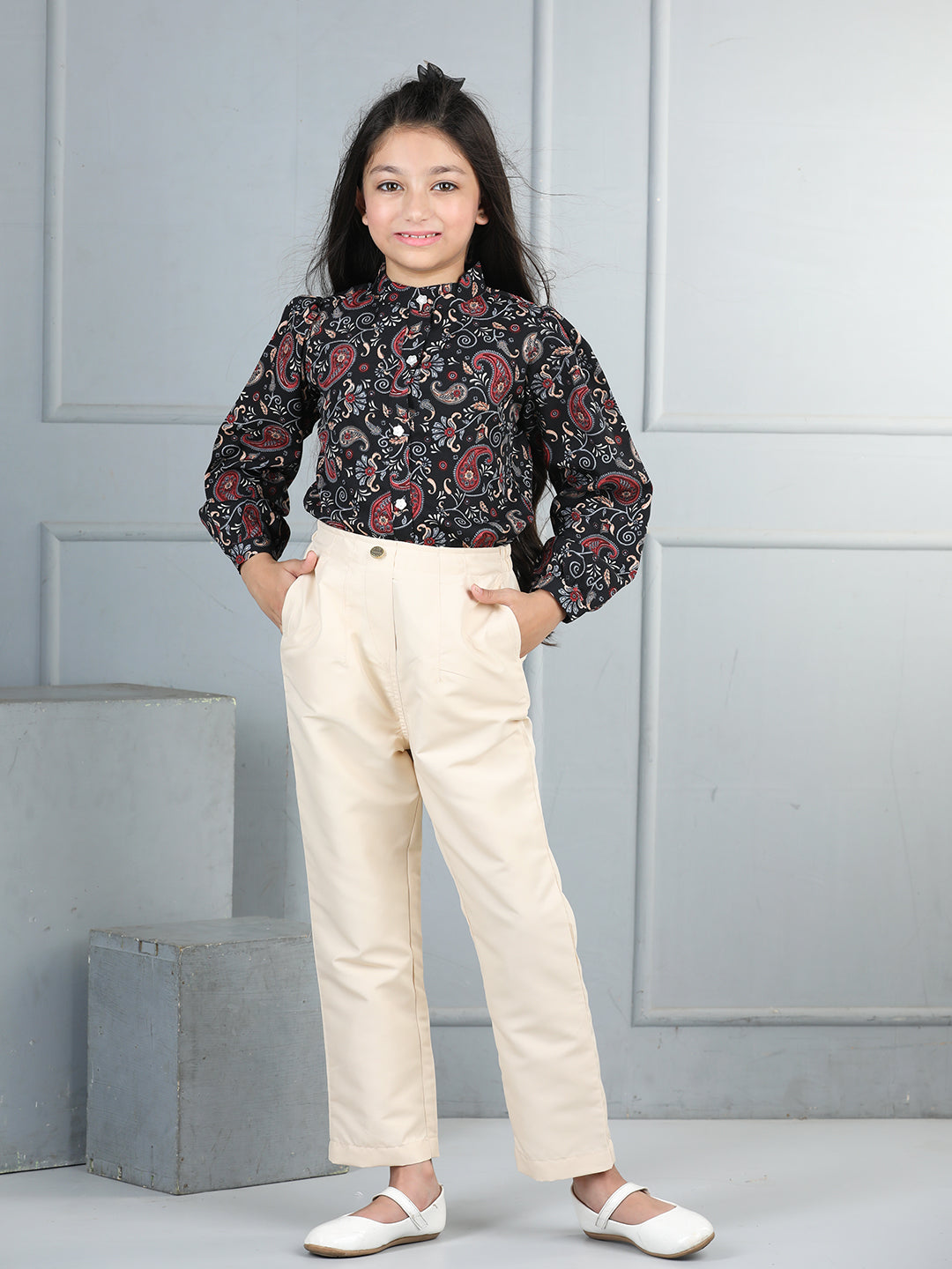 Cutiekins Girls Shirt Style Paisley Printed Top With Solid Trouser -Black & Beige