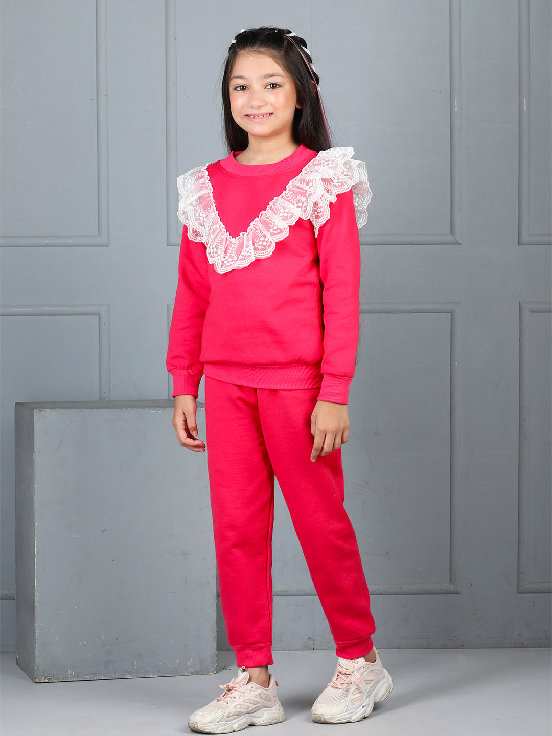 Cutiekins Girls Solid Embellished Cozy Fleece Tracksuit -Hot Pink & Off White