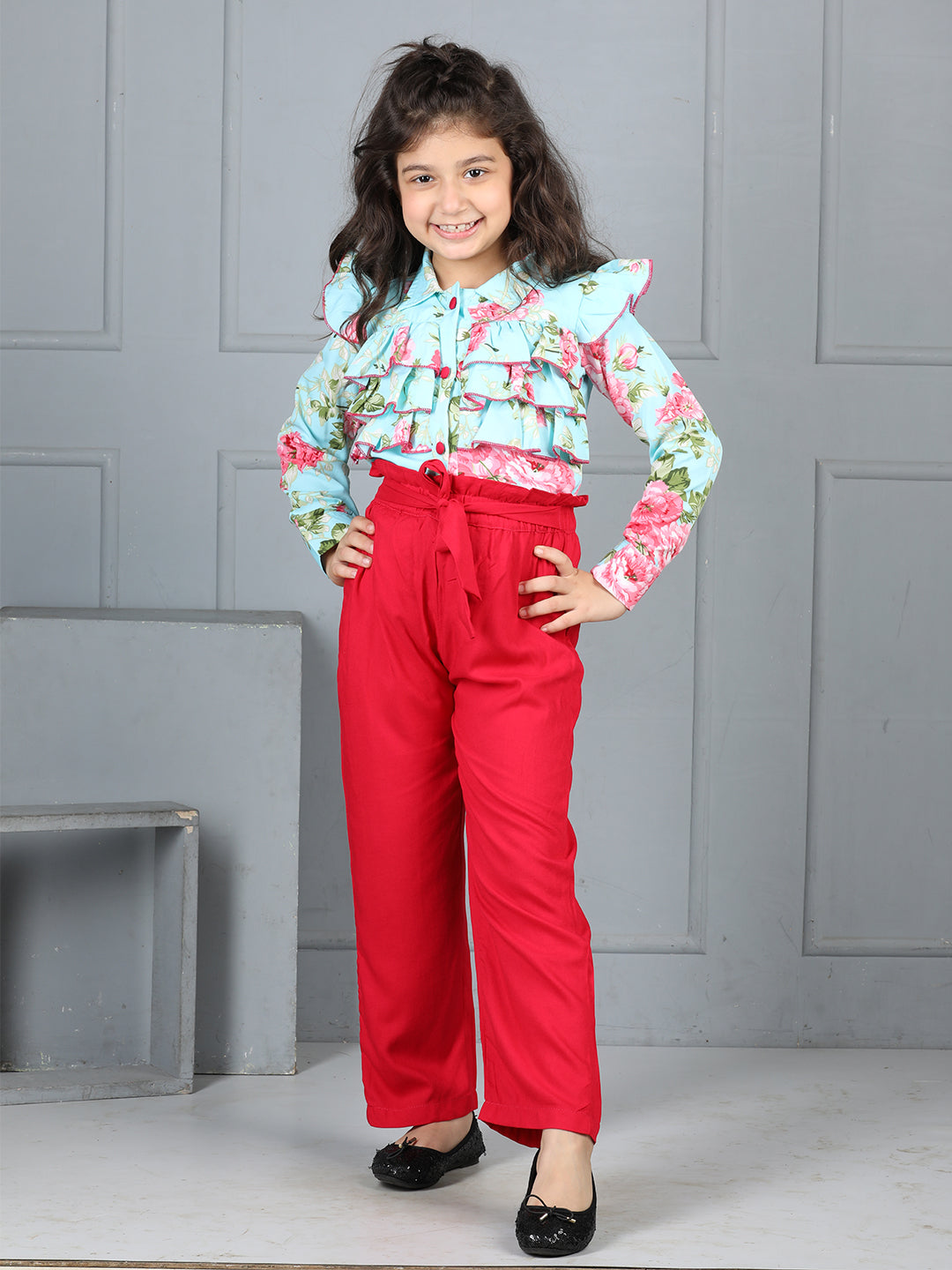 Cutiekins Girls Shirt Style Floral Printed Top With Solid Trouser -Sky Blue & Red