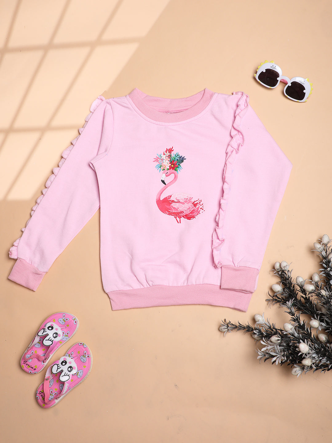 Cutiekins Girls Swan Graphic Print Trendy Winter Sweatshirt -Light Pink