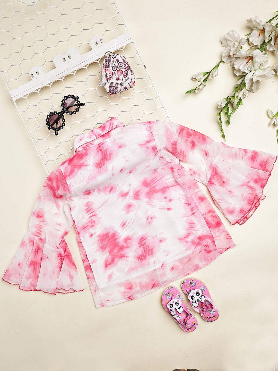 Cutiekins Girls Shirt Style Trendy Tie and Dye Print Top -Off White & Pink