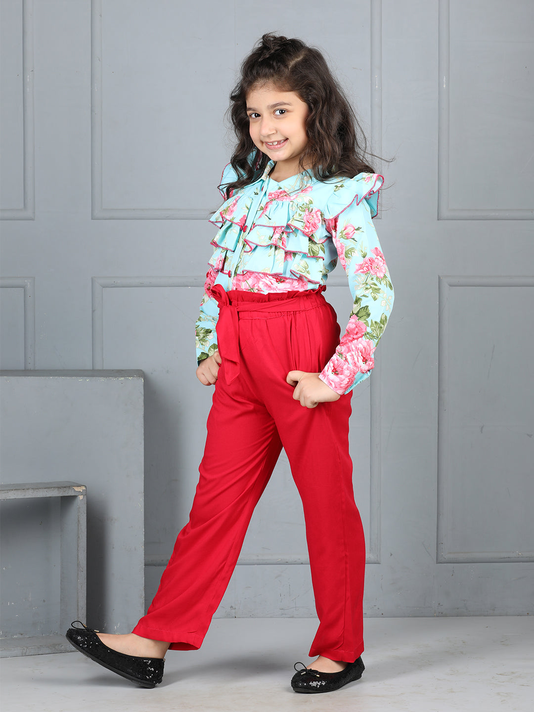 Cutiekins Girls Shirt Style Floral Printed Top With Solid Trouser -Sky Blue & Red