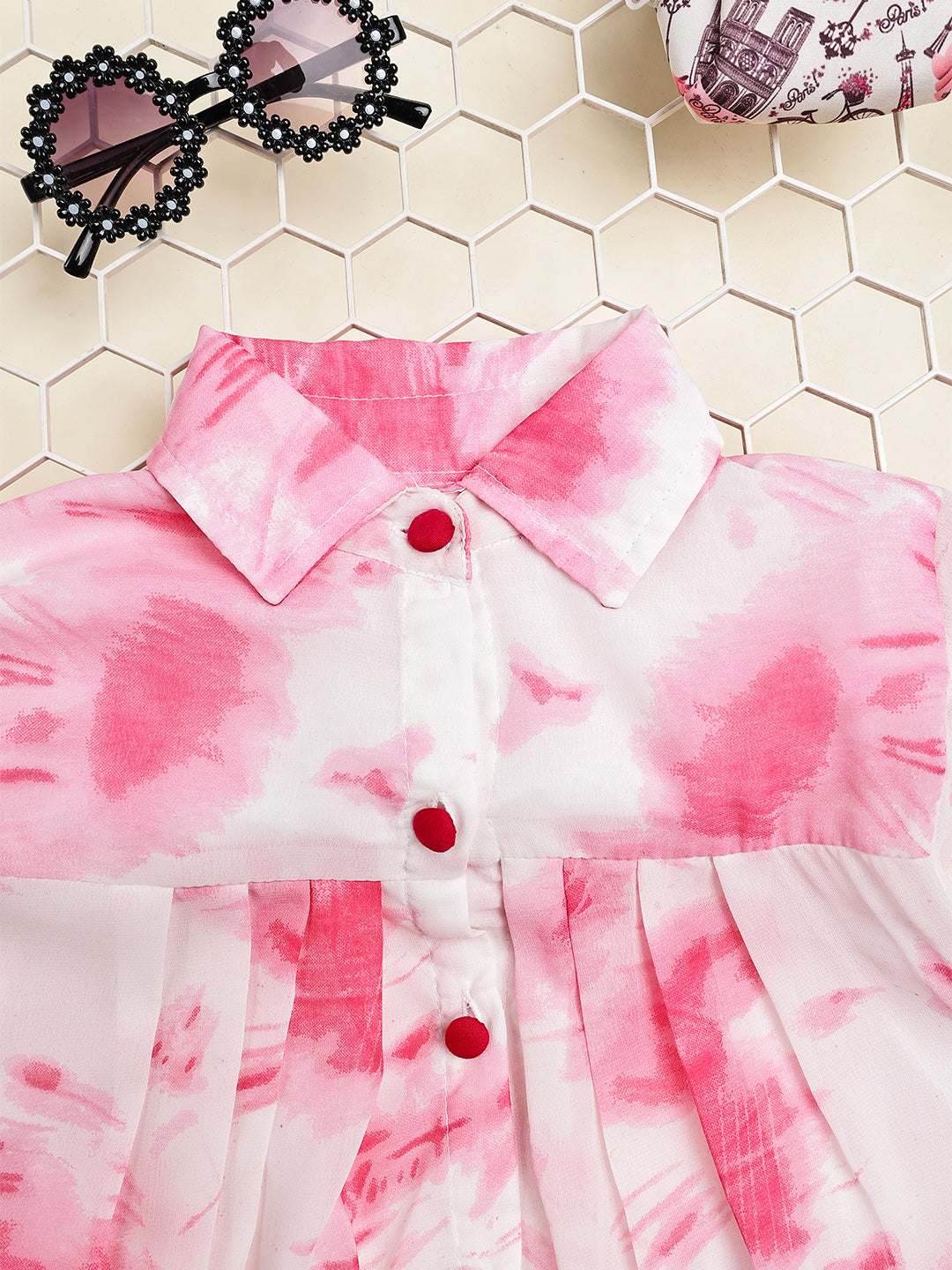 Cutiekins Girls Shirt Style Trendy Tie and Dye Print Top -Off White & Pink