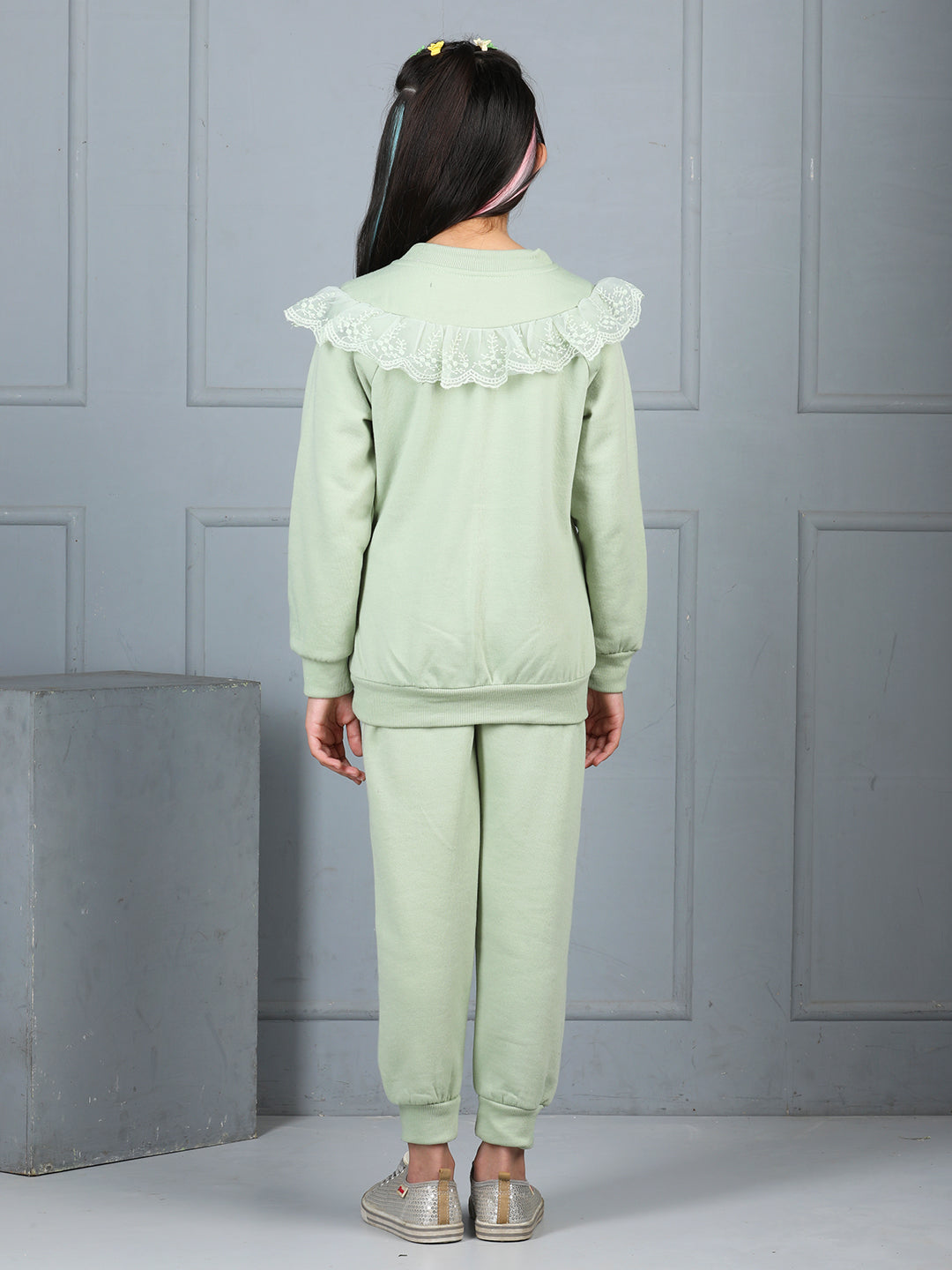 Cutiekins Girls Solid Embellished Cozy Fleece Tracksuit -Light Green