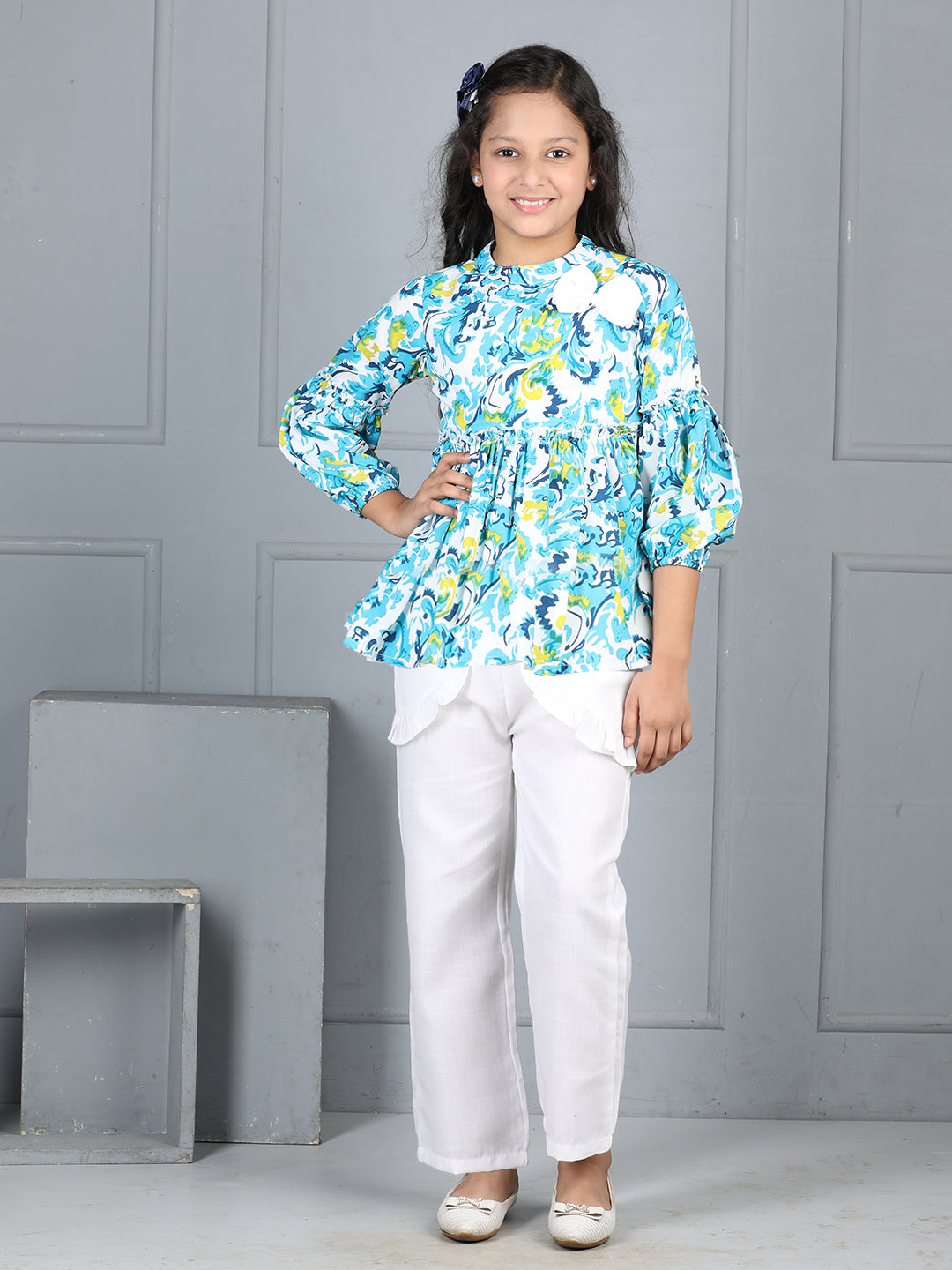 Cutiekins Girls Floral Print Top With Solid Trouser -Off White & Turquoise blue