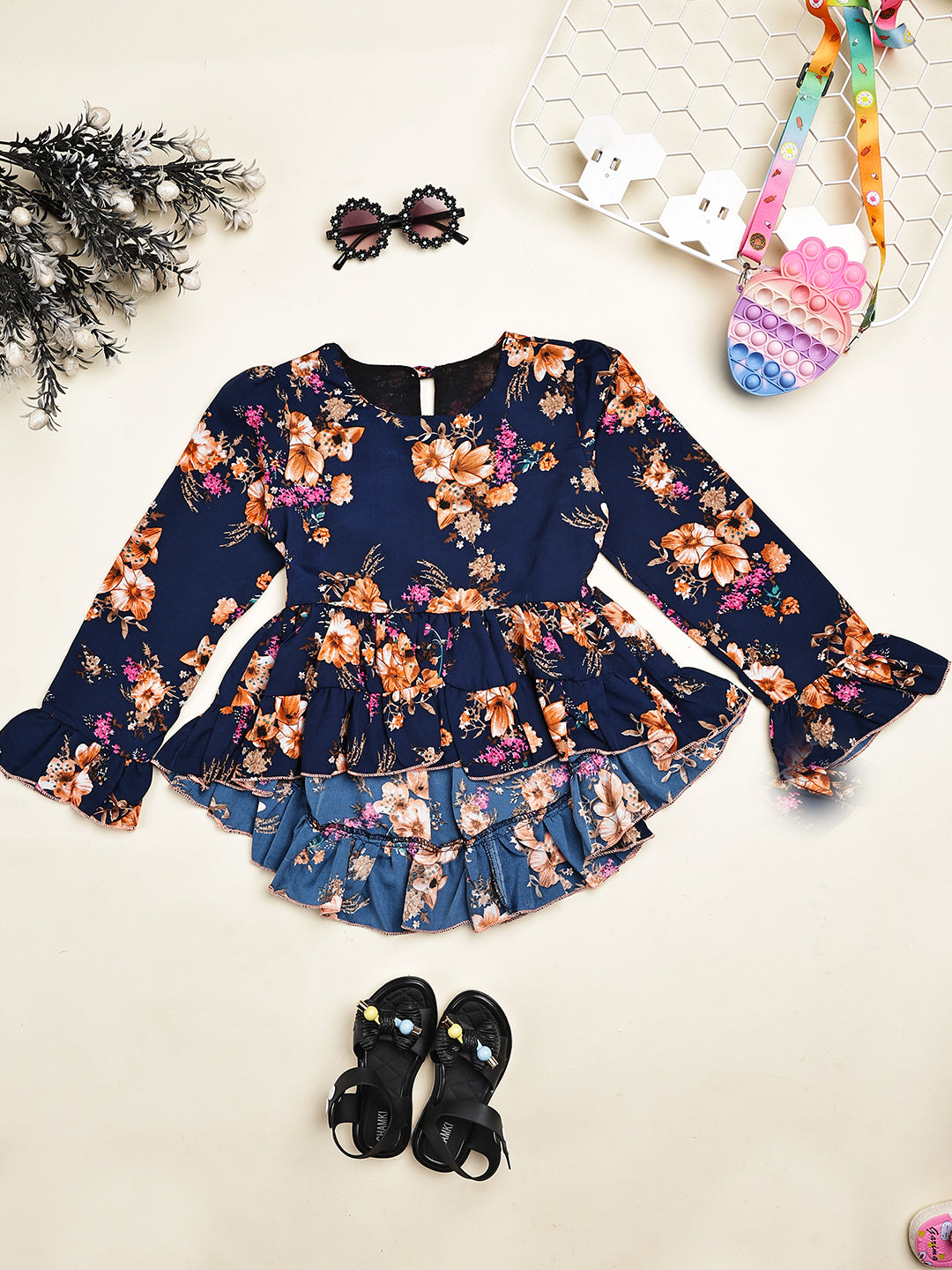 Cutiekins Girls Adorable Floral Print Casual  Top -Navy Blue & Rust