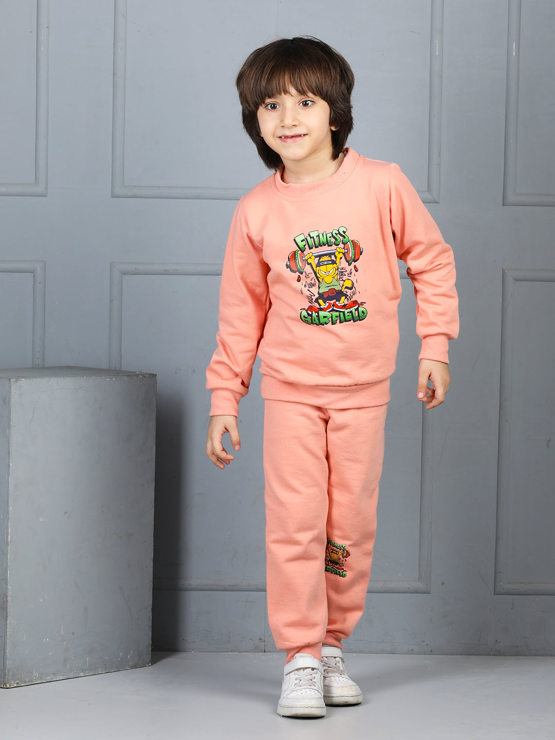 Cutiekins Boys Graphic Print cozy Tracksuit -Peach & Green