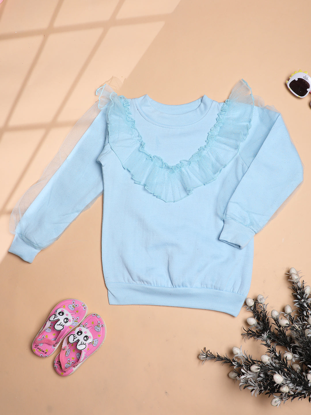 Cutiekins Girls Solid Embellished  Trendy Winter Sweatshirt -Sky Blue