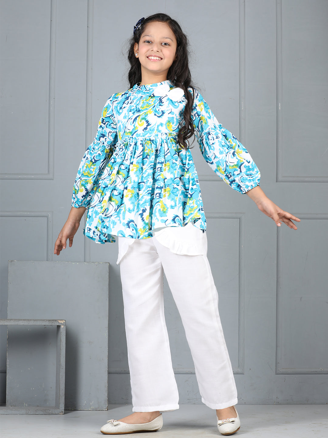 Cutiekins Girls Floral Print Top With Solid Trouser -Off White & Turquoise blue