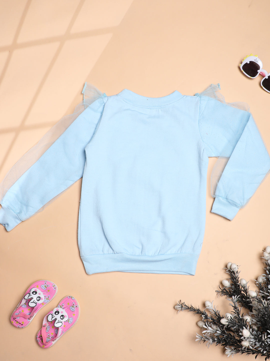 Cutiekins Girls Solid Embellished  Trendy Winter Sweatshirt -Sky Blue