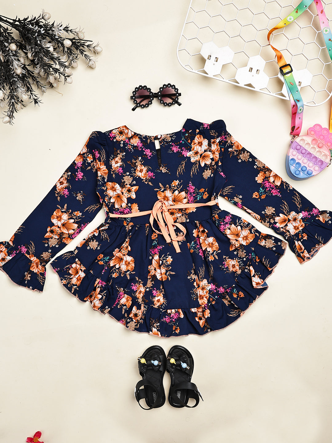 Cutiekins Girls Adorable Floral Print Casual  Top -Navy Blue & Rust