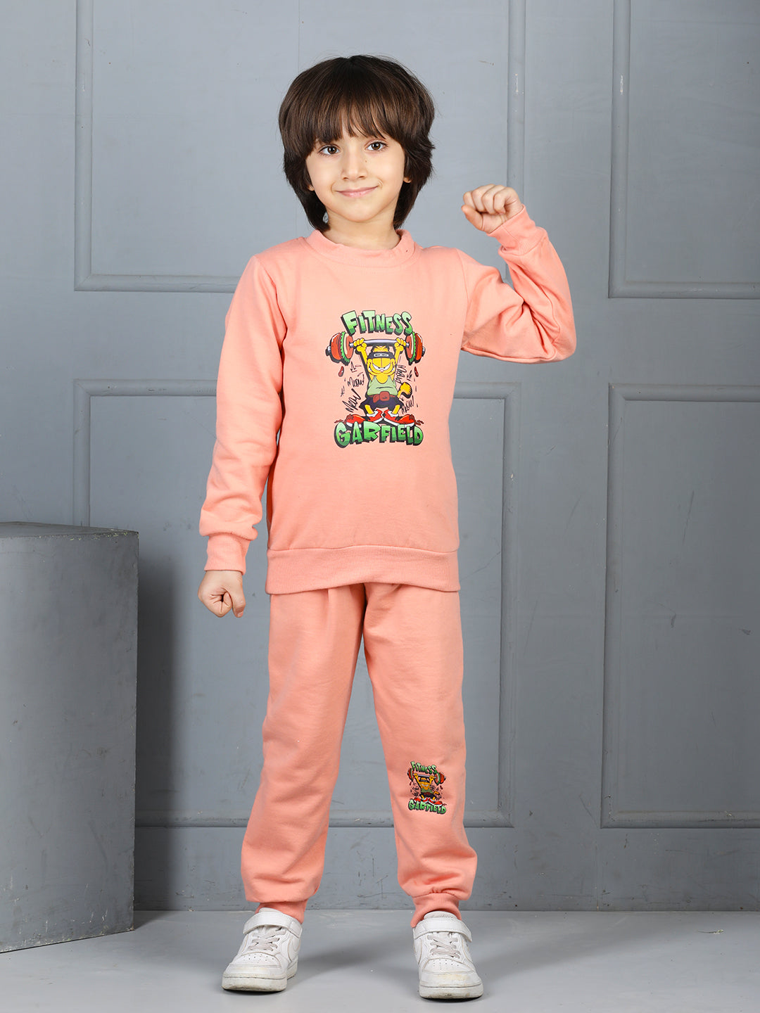 Cutiekins Boys Graphic Print cozy Tracksuit -Peach & Green