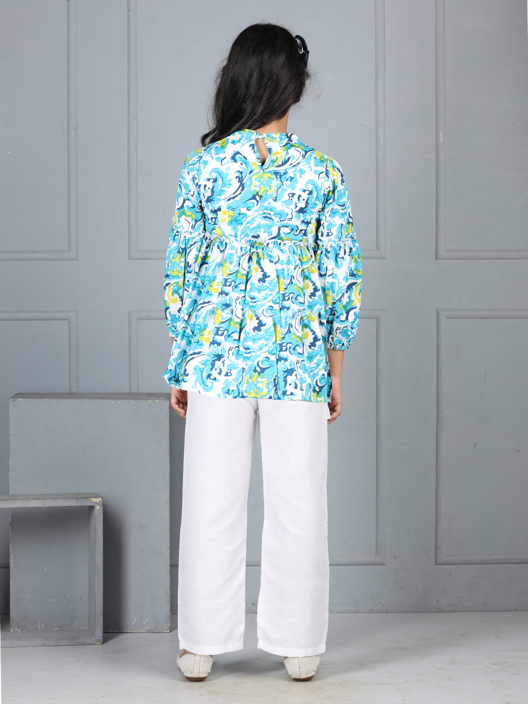 Cutiekins Girls Floral Print Top With Solid Trouser -Off White & Turquoise blue