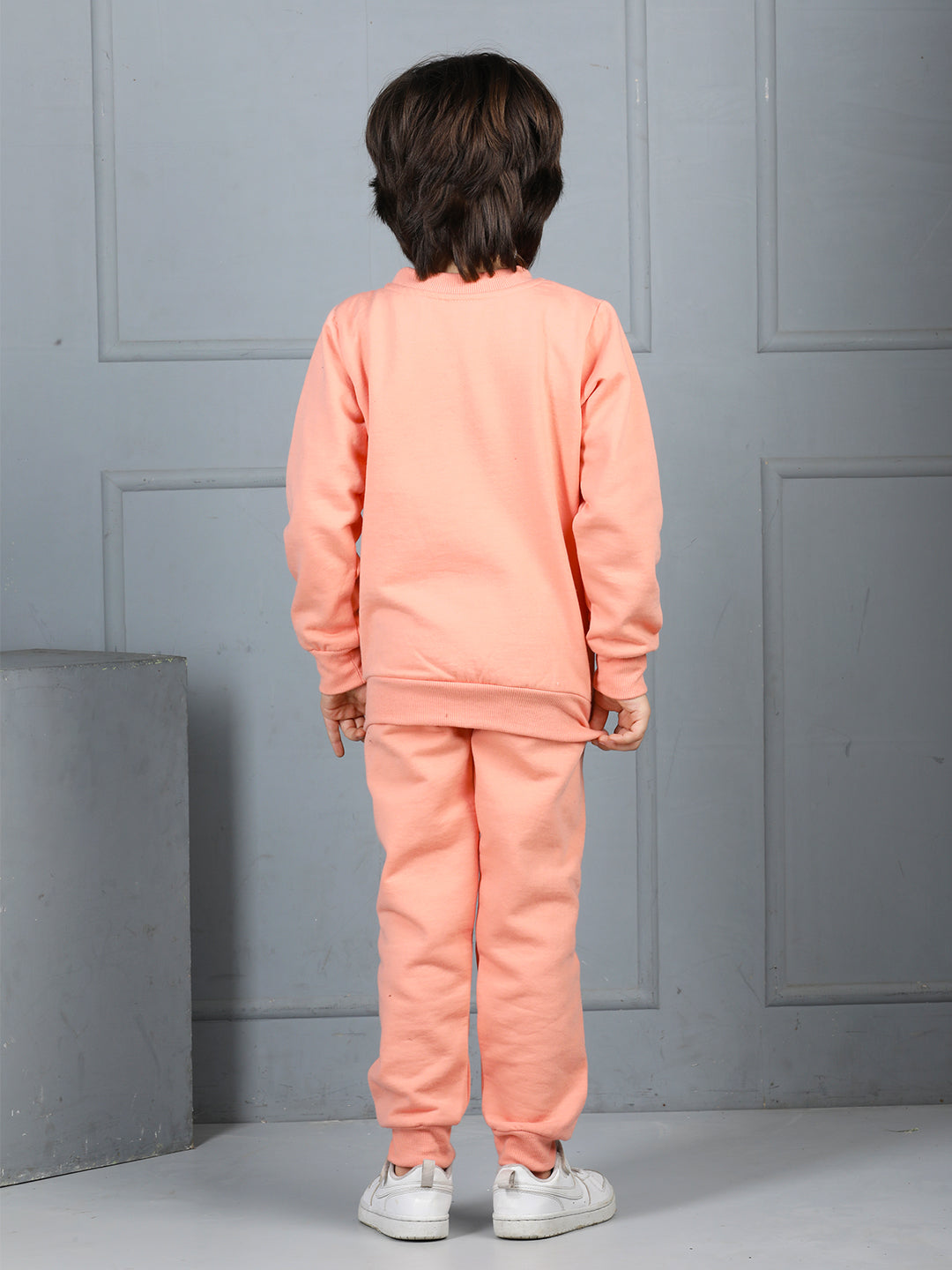 Cutiekins Boys Graphic Print cozy Tracksuit -Peach & Green